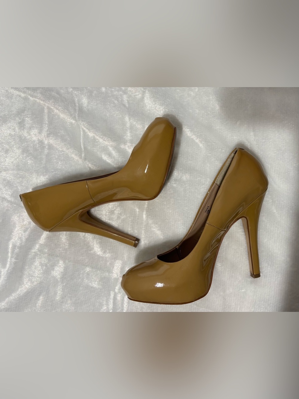 Women’s Patent Leather 4-1/2” Heel Platform Pumps in camel color